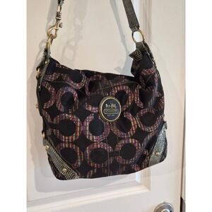 Coach Rainbow Op Art Signature Hobo Bag Grey Snakeskin Trim Brass Hardware